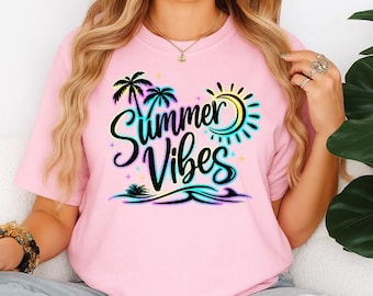 Summer Vibes Shirt, Beach Vacation Tee, Tropical Palm Shirt, Ocean Wave Tee, Neon Sunset Shirt, Coastal Summer Tee, Island Aesthetic Shirt