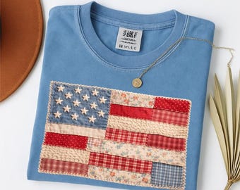 Comfort Colors® Retro American Flag Shirt, Faux Patchwork USA Shirt, 4th of July Tee, Patriotic Graphic Shirt, Fourth of July Shirt