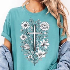 Christian Floral Cross Shirt Faith Jesus Lover Bible Verse Church Graphic Tee Religious Gift Christianity Women Vintage Worship Apparel afbeelding 3