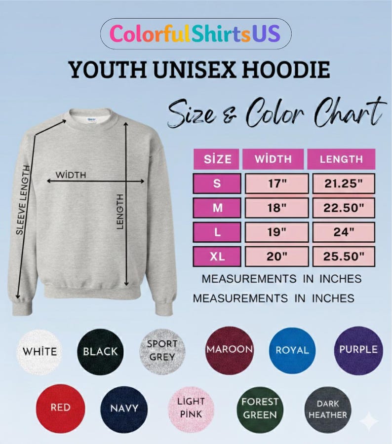 Pu&ograve; includere: Una tabella delle taglie e dei colori per felpe con cappuccio unisex per giovani, con un grafico di una felpa grigia con frecce che indicano lunghezza manica, larghezza e lunghezza. Una tabella elenca le taglie da S a XL in pollici e i colori.