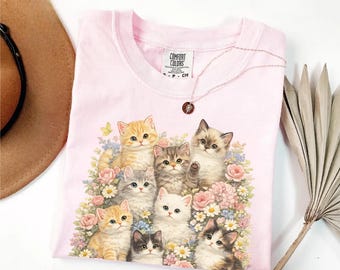 Retro Kitten Shirt Vintage Floral Cat Tee Cottagecore Cute Kitten Lover Gift Pastel Flower Cat Mom Aesthetic Animal Graphic Comfort Colors