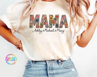 Custom Floral Mama Shirt Vintage Patchwork Personalized Kids Names Flower Letters Mothers Day Gift Mom Life Graphic Tee Cute Boho Outfit