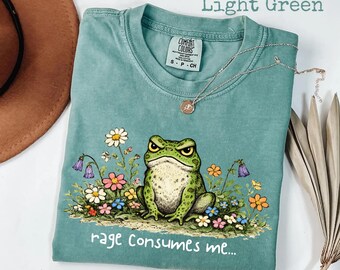 May include: Light green t-shirt with a graphic of an angry frog surrounded by colorful flowers. The text "rage consumes me..." is printed below the frog. A silver necklace with a pendant is on the shirt.