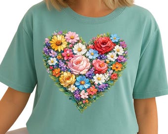 Chemise coeur floral, t-shirt bouquet de fleurs sauvages, t-shirt fleurs cottagecore, chemise jardin romantique, t-shirt fleuri vintage, chemise florale bohème