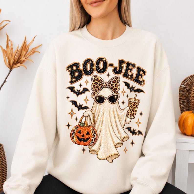 Pu&ograve; includere: Una felpa girocollo color crema con la grafica di un fantasma che indossa occhiali da sole e un fiocco leopardato. Il fantasma tiene in mano un secchiello a forma di zucca leopardato e un bicchiere. Il testo BOO-JEE &egrave; stampato sopra con pipistrelli.