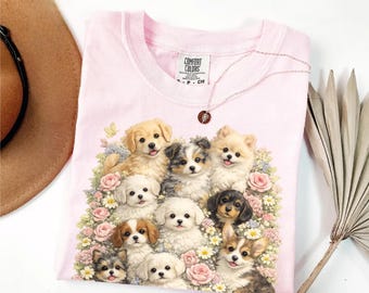 Retro Puppy Shirt Vintage Floral Dog Tee Cottagecore Cute Puppy Lover Gift Pastel Flower Dog Mom Aesthetic Animal Graphic Comfort Colors