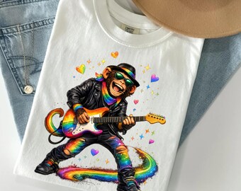 LGBTQ Pride Shirt, Rainbow Monkey Tee, Gay Pride Gift Shirt, Rock Guitar Tshirt, Queer Ally Tee, Music Lover Pride Month Tee, Love Wins Tee