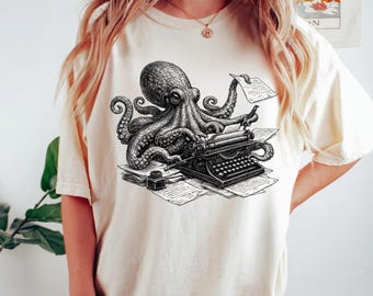 Octopus Writer Shirt, Author Gift Tee, Vintage Typewriter Shirt, Writer Life Tee, Book Lover Shirt, Creative Writing Tee, Author Life Tee