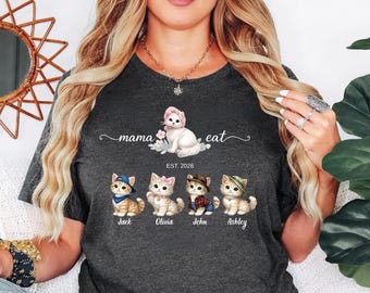 Comfort Colors® Mama Cat Shirt, Personalized Mama Shirt, Custom Kids Names Shirt, Mom Est Year Tee, Family Kitten T-Shirt, Mother Day Gift