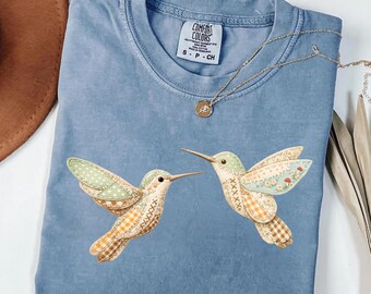 Hummingbird Patchwork Shirt Vintage Bird Lovers Tee Cottagecore Nature Aesthetic Cute Floral Spring Garden Gift Two Birds, PRINT ONLY