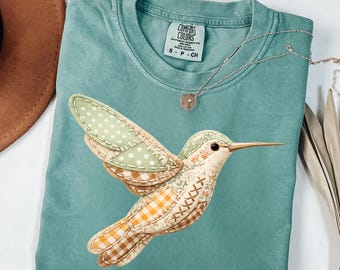 Hummingbird Patchwork Shirt Vintage Cottagecore Bird Graphic Tee Comfort Colors Nature Boho Floral Spring Gift Soft Retro, PRINT ONLY
