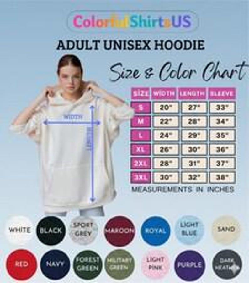 Pu&ograve; includere: Una tabella delle taglie e dei colori per felpe con cappuccio unisex per adulti, con una persona che indossa una felpa color crema e frecce di misurazione blu. Una tabella elenca le taglie dalla S alla 3XL con misure in pollici. Cerchi colorati.