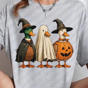 May include: A heather gray t-shirt featuring a graphic of three ducks in Halloween costumes. One duck wears a witch hat and cape, the middle duck is dressed as a ghost in a white sheet, and the third duck wears a witch hat and a pumpkin costume.