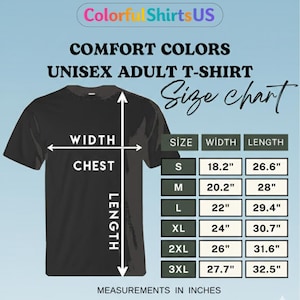 Puede incluir: Camiseta negra unisex para adultos con una tabla de tallas. La tabla muestra medidas en pulgadas para las tallas S a 3XL. La camiseta tiene el texto "COMFORT COLORS" y "UNISEX ADULT T-SHIRT". La marca "Colorful Shirts US" est&aacute; en la parte superior.