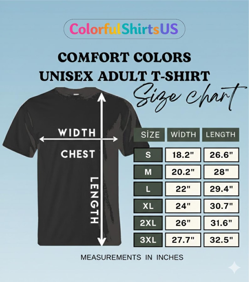Puede incluir: Camiseta negra unisex para adultos con una tabla de tallas. La tabla muestra medidas en pulgadas para las tallas S a 3XL. La camiseta tiene el texto "COMFORT COLORS" y "UNISEX ADULT T-SHIRT". La marca "Colorful Shirts US" est&aacute; en la parte superior.