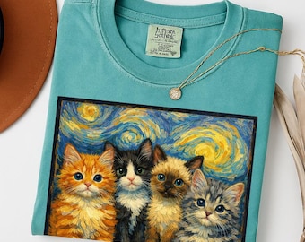 Van Gogh Kittens Shirt, Cute Kitten Art Tee, Vintage Oil Painting Tshirt, Aesthetic Animal Shirt, Starry Night Style Tee, Gift Pet Lover Tee