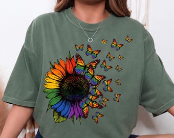 Sunflower Shirt, Butterfly Tee, Rainbow Shirt, Pride Gift Tee, Floral Shirt, LGBTQ Tee, Comfort Colors Shirt, Nature Gift Tee, Mom Gift Tee