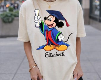 Personalized Mickey Mouse Graduation Shirt Disney Graduate Senior College Student Gift Custom Cartoon Diploma Cap University Tee Disneyland
