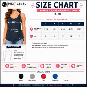 May include: A navy blue racerback tank top with a size chart and product measurements. The chart shows bust and body length measurements in inches for sizes S to 2XL. Available colors include black, heather grey, red, true royal, and white.