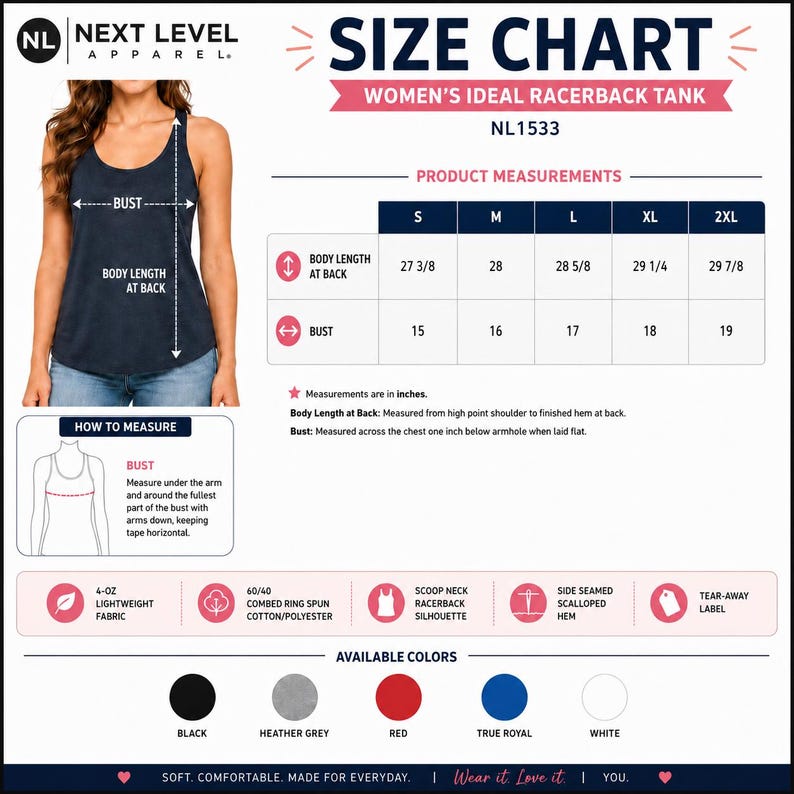 May include: A navy blue racerback tank top with a size chart and product measurements. The chart shows bust and body length measurements in inches for sizes S to 2XL. Available colors include black, heather grey, red, true royal, and white.