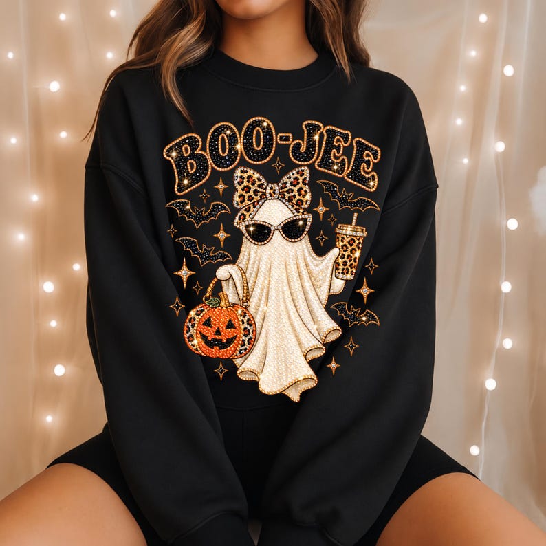 Pu&ograve; includere: Una felpa nera a maniche lunghe con la grafica di un fantasma che indossa occhiali da sole e un fiocco leopardato. Il fantasma tiene in mano una zucca e un bicchiere, con la scritta BOO-JEE sopra. Il design include piccoli pipistrelli e stelle.