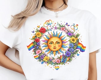 LGBTQ Pride Shirt, Rainbow Sun Tee, Queer Gift Tshirt, Floral Equality Shirt, Love Wins Tee, Inclusive Aura Shirt, Boho Pride Month Tee