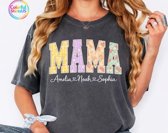Comfort Colors® Personalized Mama Shirt, Custom Kids Names Shirt, Floral Mama Shirt, Mothers Day Shirt, Print Only — Not real Pearls