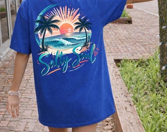 Salty Soul Shirt Comfort Colors Summer Beach Sunset Palm Ocean Retro Vintage Graphic Vacation Tee Coastal Holiday Unisex Gift Trendy Outfit
