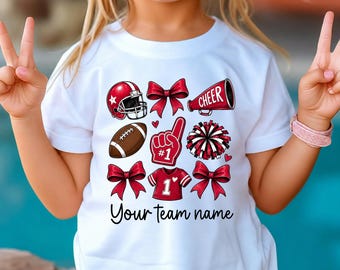 Chemise coquette personnalisée avec noeud, chemise enfant, jolie chemise de football pour tout-petit, t-shirt mascotte acclamations pour filles, chemise de l'équipe de football coquette noeuds, esprit d'école