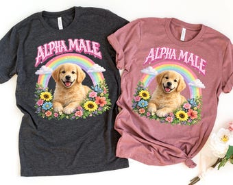 Alpha Male Funny Puppy Dog Meme Shirt Retro Rainbow Humor Tee Boyfriend Gift Father Present Pet Lover Graphic Vintage Cute Animal Comedy Top