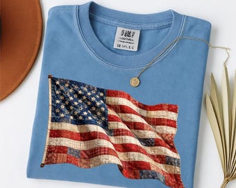 Comfort Colors® Retro American Flag Shirt, Faux Patchwork USA Tee, 4th of July Shirt, Patriotic Graphic Shirt, Fourth of July Shirt
