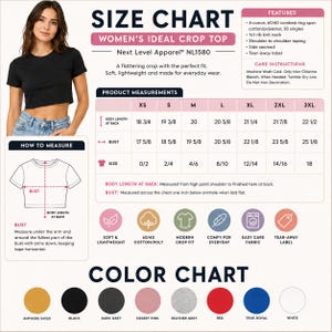 May include: Size chart for a women's ideal crop top, featuring product measurements in inches and a color chart with options like black, red, and true royal. Includes care instructions and fabric details.