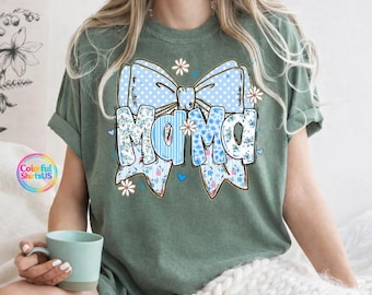 Mama Shirt Blue Floral Bow Graphic Tee Mother Gift Mothers Day Cute Coquette Aesthetic Vintage Style Soft Cotton Outfit Trendy Mom Life Tee