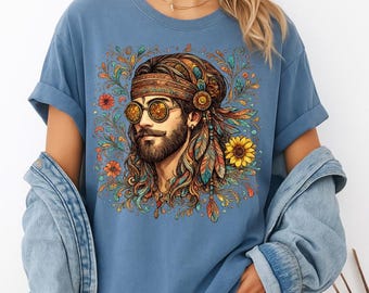 Chemise nostalgie homme hippie, ambiance rétro groovy des années 70, chemise fleurs sauvages Peace Love, cadeaux hippies floraux colorés, t-shirt Vibes des années 60, t-shirt vintage