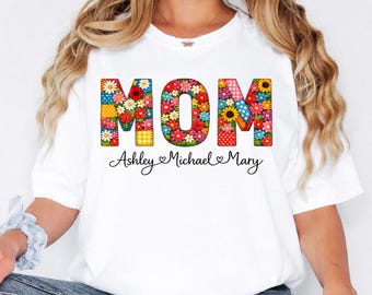 Custom Mom Shirt Floral Patchwork Vintage Comfort Colors Personalized TShirt Kids Names Mothers Day Gift Unique Cute Retro Boho Graphic Tee