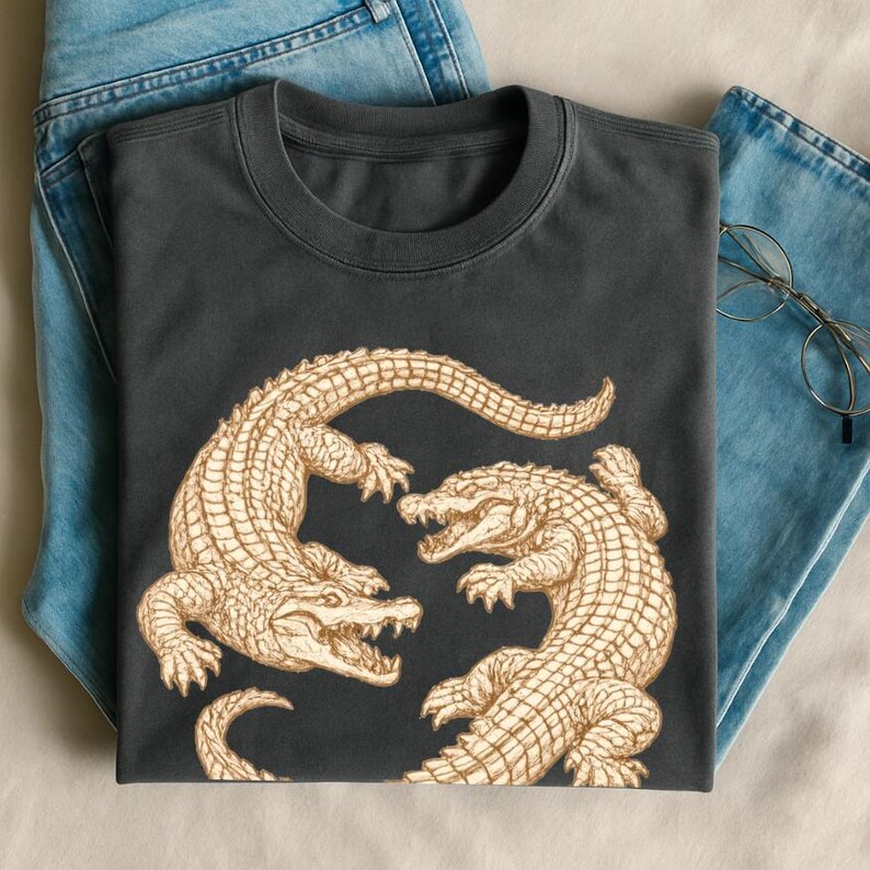 May include: Dark gray t-shirt featuring a detailed illustration of two alligators facing each other. The alligators are tan with textured scales, set against a dark gray background. The shirt is folded on top of blue jeans.
