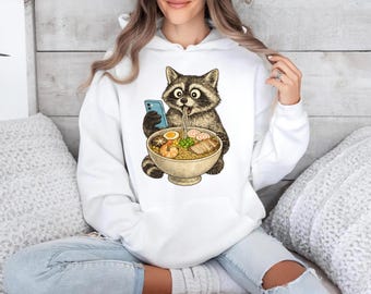 Sweat à capuche ramen raton laveur poubelle drôle panda nouilles graphique vintage amoureux des animaux Streetwear cuisine japonaise dessin animé animaux mignons décontracté idée cadeau