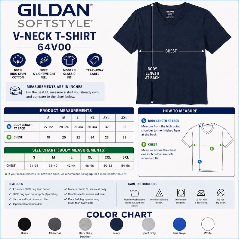 May include: Navy blue Gildan Softstyle V-neck t-shirt, size chart included. Features include a modern classic fit, seamless body, and a tear-away label. Made with 4.5-ounce, 100% ring spun cotton. Measurements are in inches.