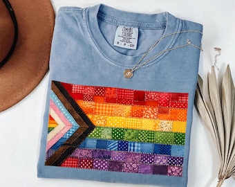 Patchwork Pride Shirt, LGBTQ Progress Flag Tee, Rainbow Equality Tee, Queer Ally Gift Tee, Inclusive Support Tee, -Not Patchwork, Only Print