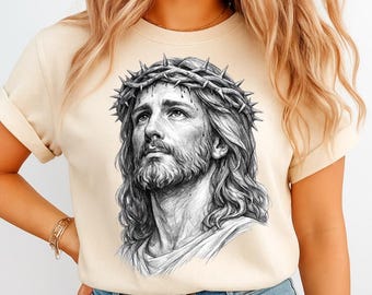 Chemise couronne d'épines de Jésus, t-shirt foi chrétienne, t-shirt Sauveur biblique, chemise croquis religieux, t-shirt oeuvre d'art gospel, chemise portrait du messie