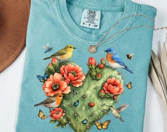 Chemise fleur cactus oiseau, t-shirt désert de fleurs sauvages, t-shirt nature bohème, chemise jardin de papillons, t-shirt ornithologie vintage, t-shirt bohème prairie