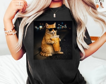 Funny Cat Drinking Iced Coffee Shirt Comfort Colors Coffee Lover Tee Cute Kitten Cafe City Night Graphic Vintage Animal Humor Street Gift