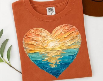 Comfort Colors Summer Vibes Shirt, Puff Paint Heart Shirt, Coastal Sunset Love Tee, Ocean Beach Art Tshirt, Romantic Love Shirt
