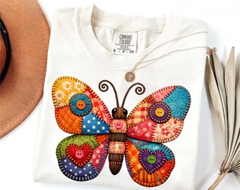 T-shirt papillon patchwork Comfort Colors®, T-shirt papillon bohème, T-shirt matelassé coloré, T-shirt insectes style cottagecore, IMPRESSION UNIQUEMENT