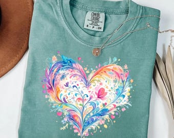 Comfort Colors Watercolor Heart Shirt Mothers Day Gift Colorful Love Art Romantic Cute Trendy Soft Vintage Floral Pastel Tee Women Mom Gift