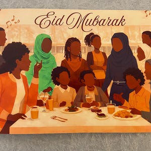 May include: An illustrated greeting card with the words "Eid Mubarak" in elegant script. The image depicts a diverse group of people gathered around a table, enjoying a meal. The color palette includes warm oranges, greens, and blues, creating a welcoming atmosphere.