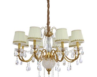 Elegant Empire Style Crystal Chandelier with Crystal Chains and Brass Accents for Living Space, Home