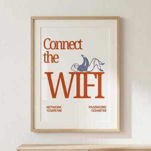 May include: A framed wall art print featuring the text Connect the WIFI in bold orange lettering. A blue illustration of a figure lying down is positioned above the word WIFI. Below, the text reads NETWORK 123456789 and PASSWORD 123456789.
