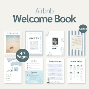 May include: A digital Airbnb Welcome Book template set featuring 40 pages with blue and white coastal themes. The pages include sections for welcome messages, about us, host introductions, house rules, transportation, check-in, and wifi information.