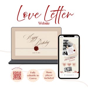 May include: A digital Love Letter website template displayed on a laptop and smartphone screen. The design features a cream background, red wax seal graphics, and elegant script text reading Happy Birthday and Toast to Memories.
